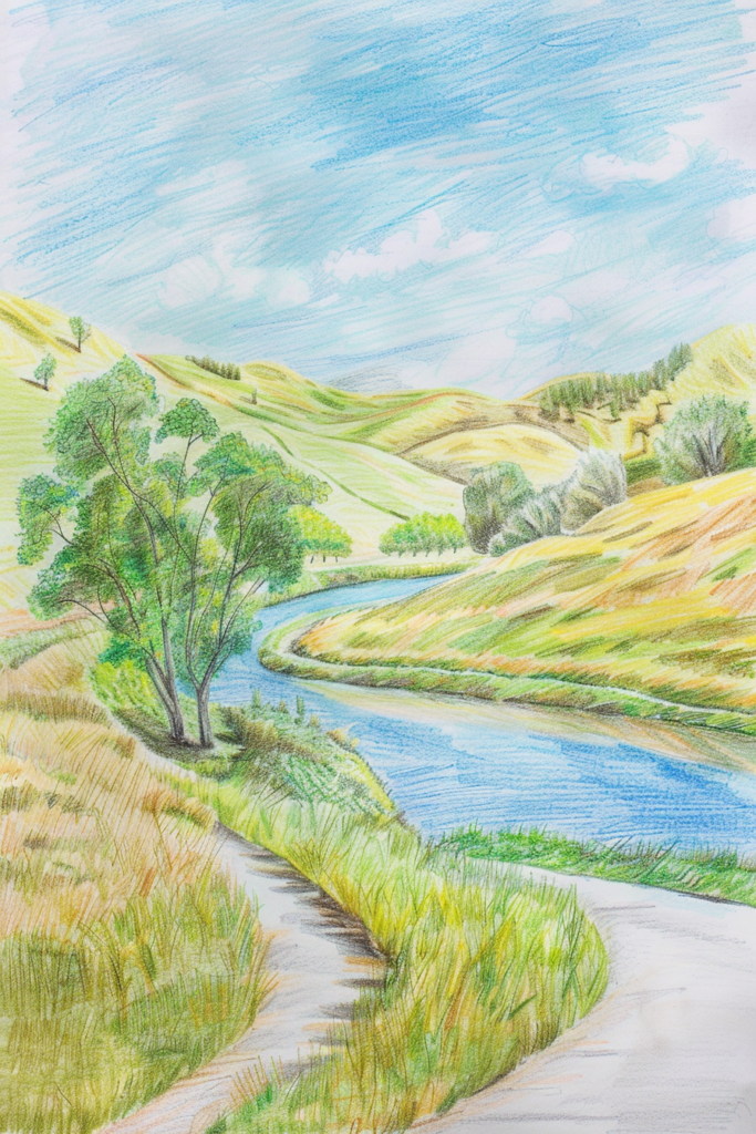 A colored pencil drawing of a river in the countryside.
