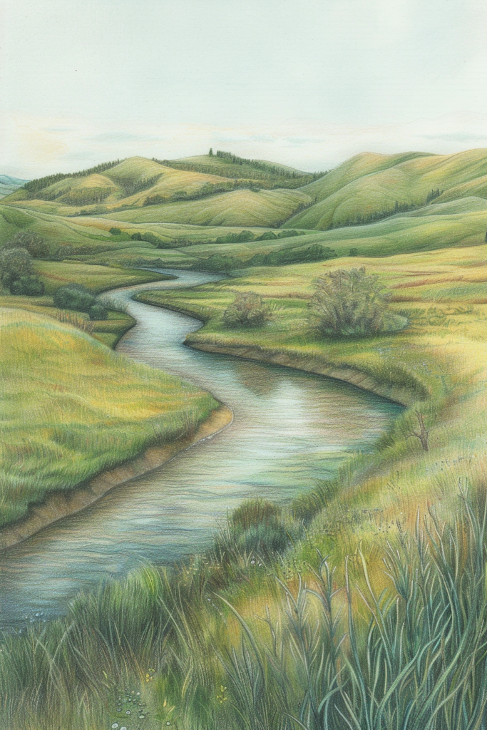 A painting of a river in a grassy field.