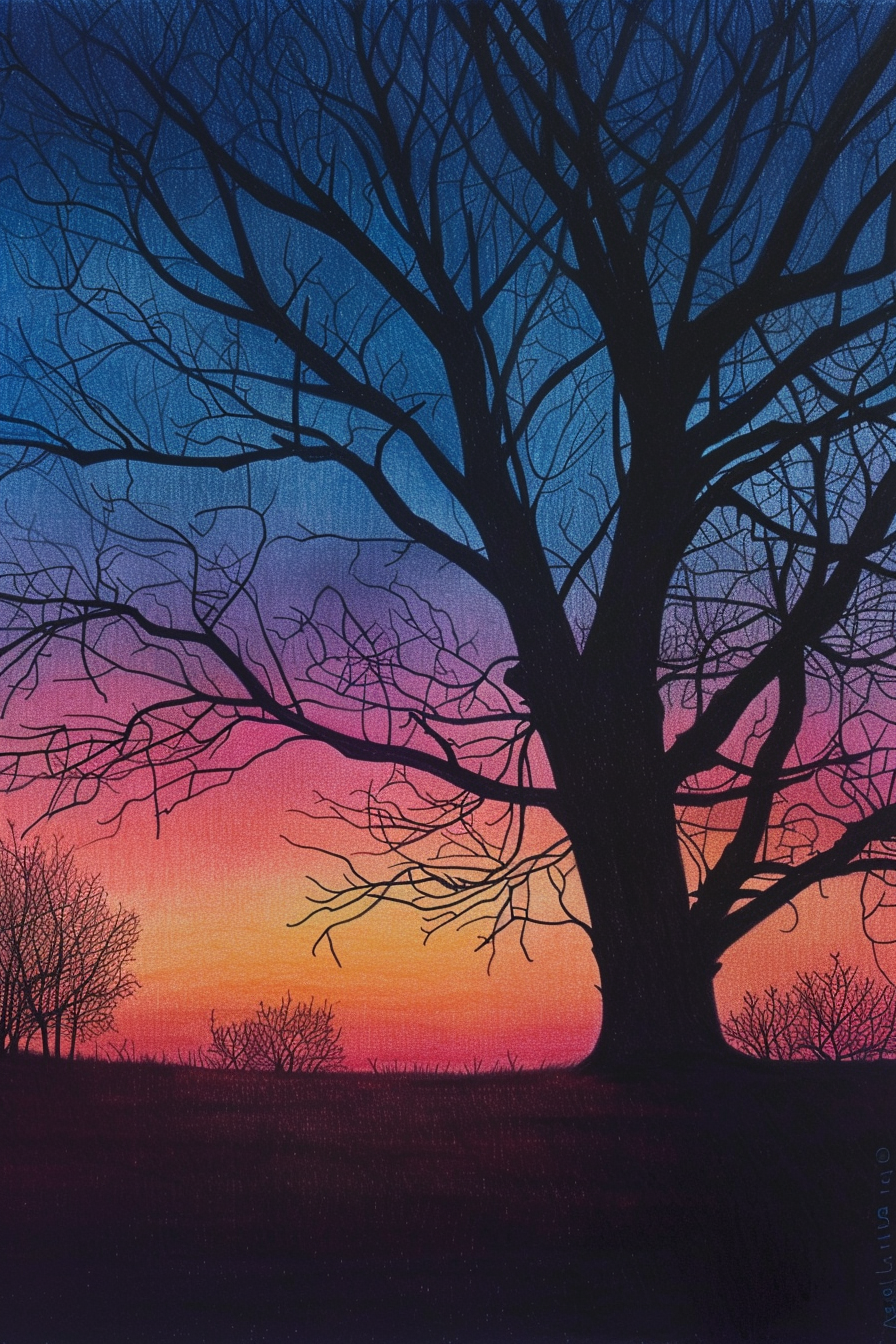A painting of a bare tree at sunset.