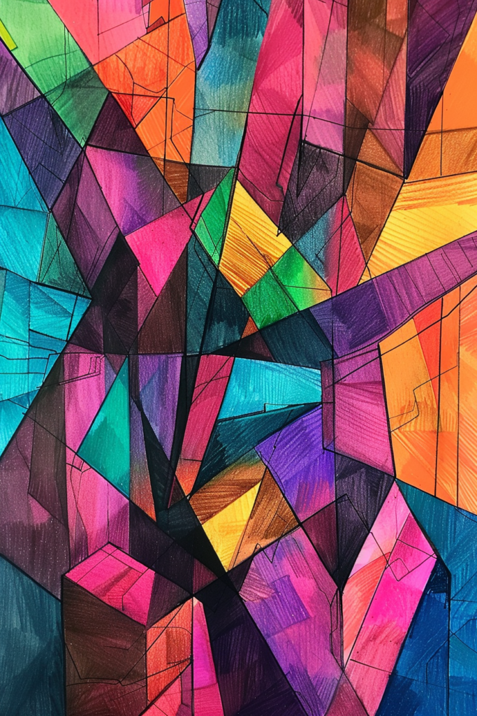 A colorful abstract painting of triangles and squares.