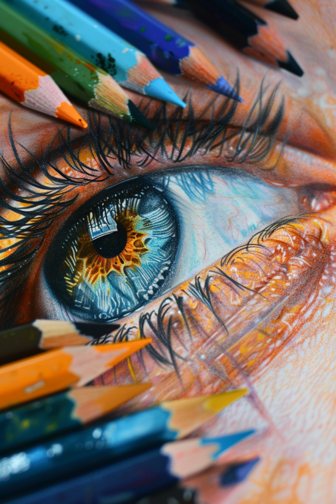 A drawing of an eye with colored pencils around it.