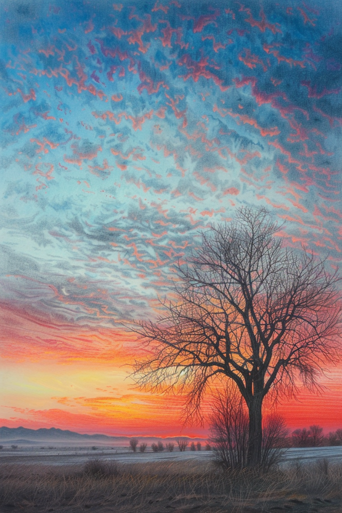 A painting of a lone tree in the middle of a field.