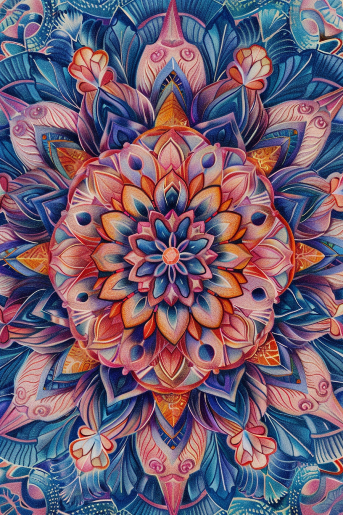 A colorful mandala with blue and orange flowers.
