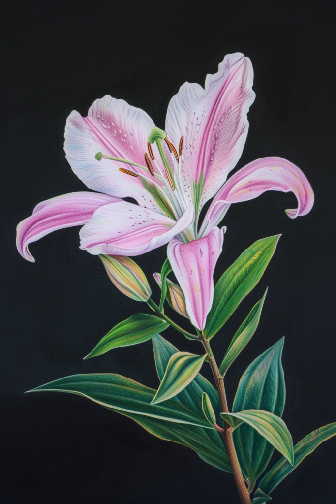 A painting of a pink lily on a black background.