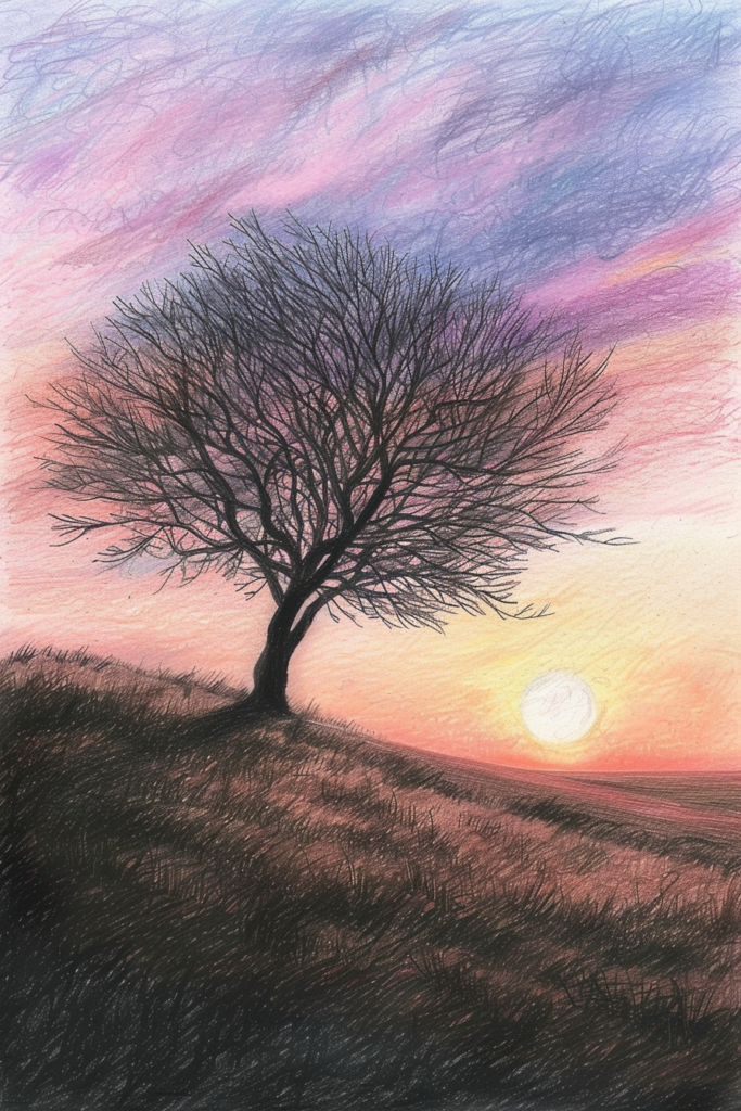 A drawing of a lone tree at sunset.
