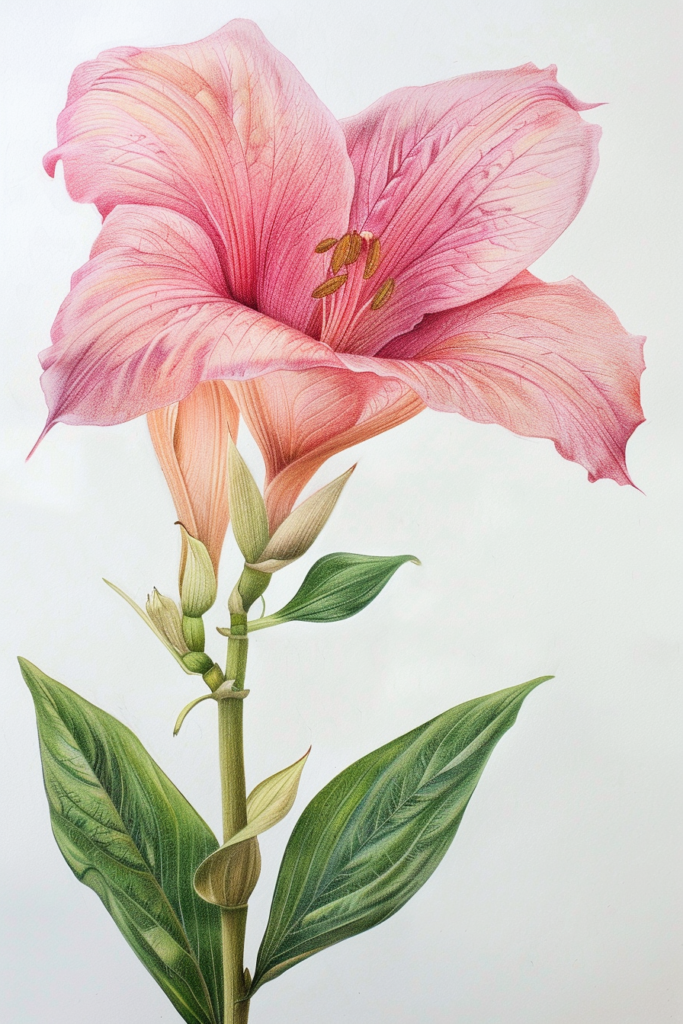 A painting of a pink flower on a white background.