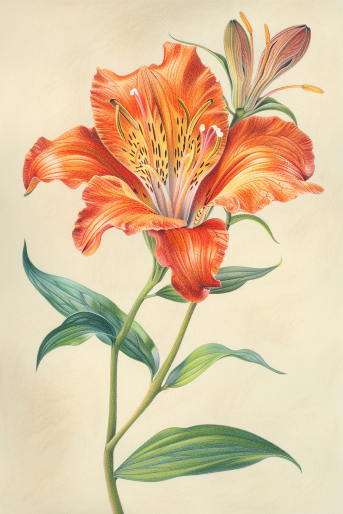A painting of an orange lily on a beige background.