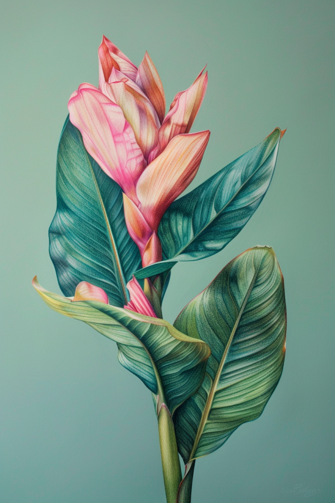 A painting of a pink flower with green leaves.