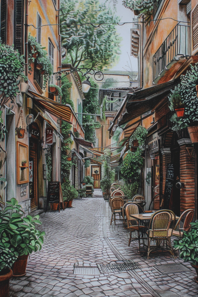 A painting of a narrow alley with tables and chairs.