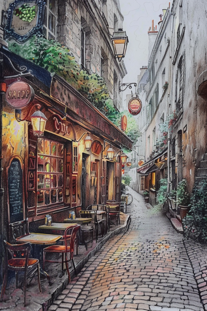 A painting of a cobblestone street in paris.