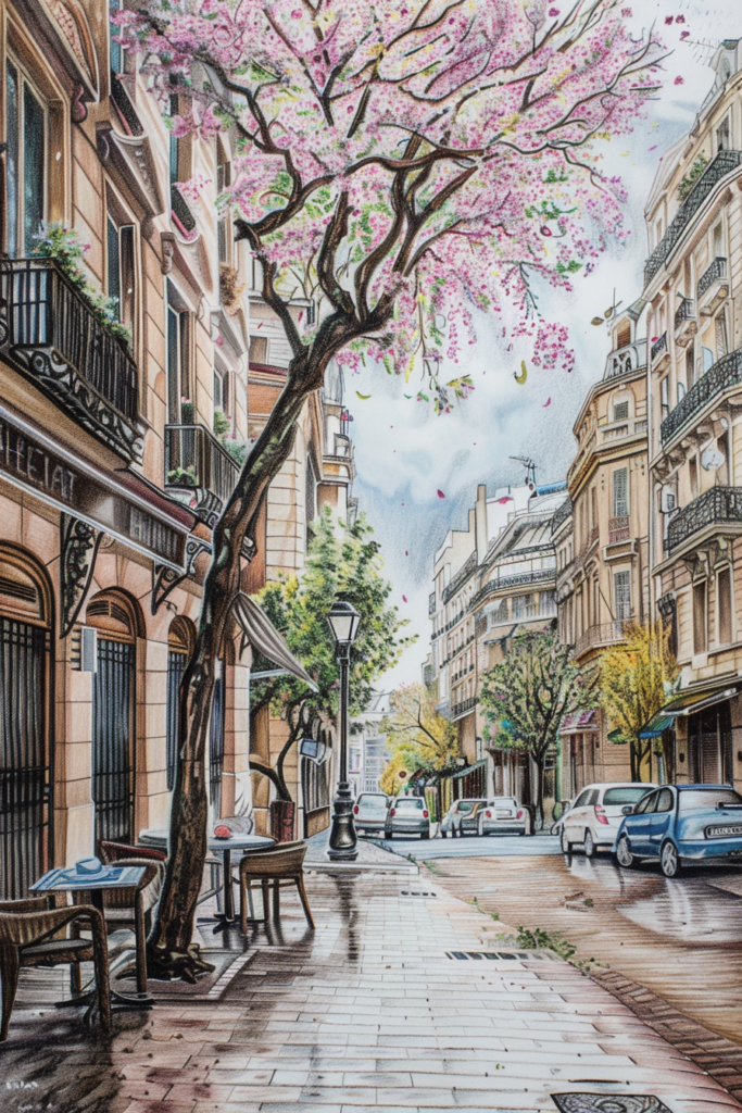 A painting of a tree on a street in paris.