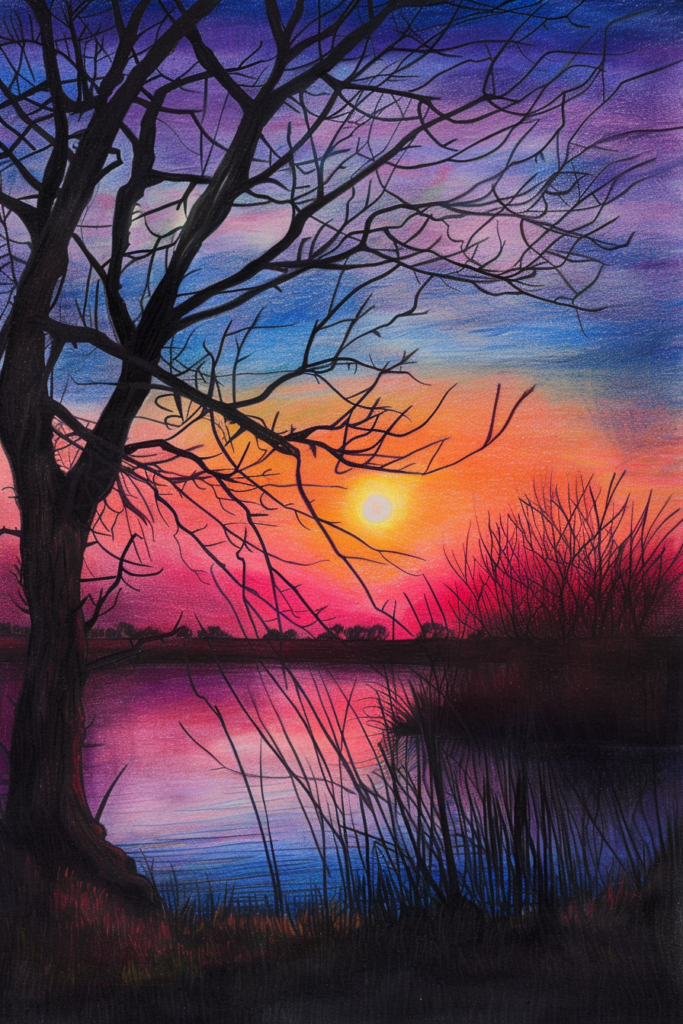 A painting of a sunset with a tree and reeds.