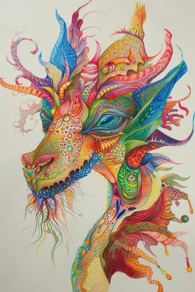 A colorful drawing of a dragon head.