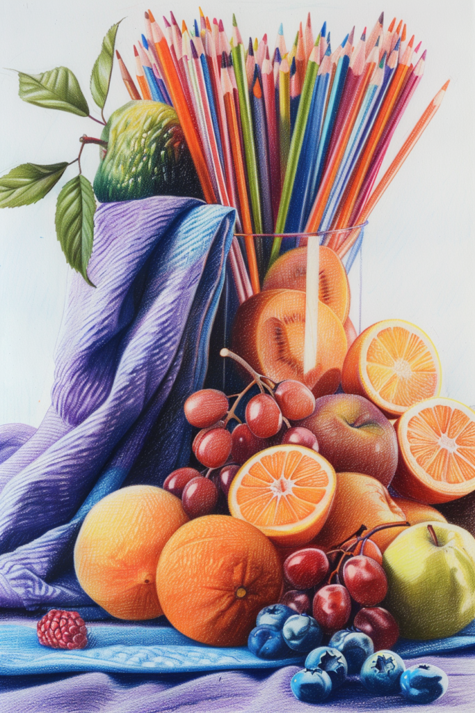 A painting of fruit and pencils in a vase.