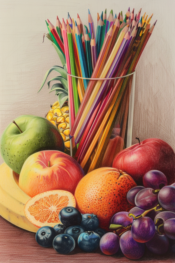 A drawing of fruit and pencils.