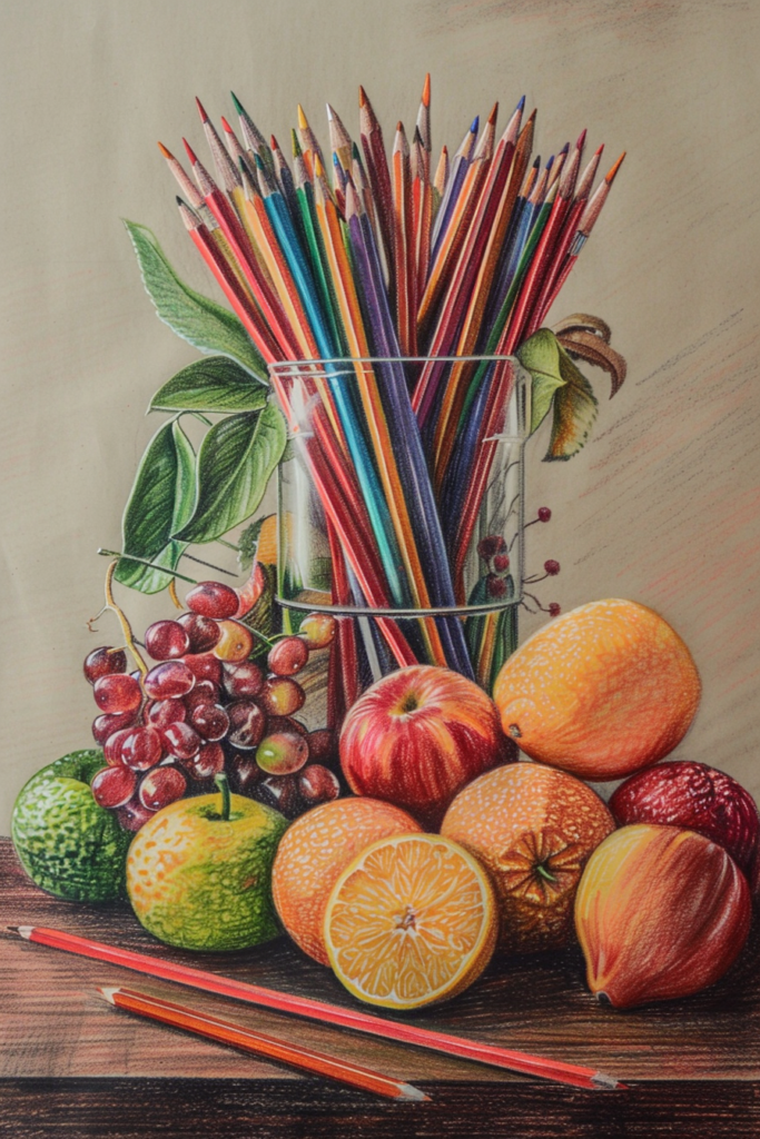 A drawing of fruit with colored pencils in a vase.