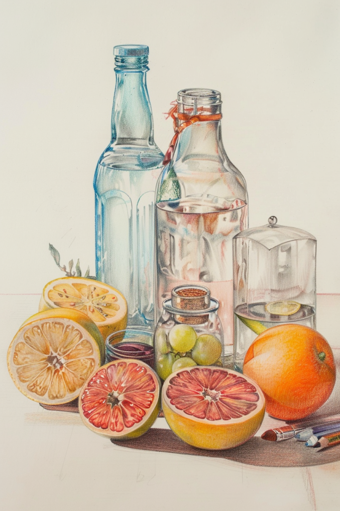 A drawing of oranges, grapes and a bottle of water.