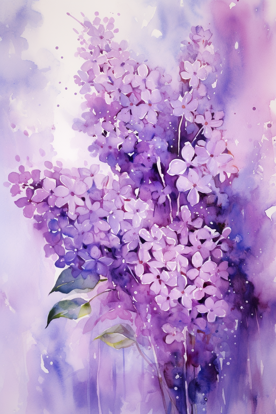 A watercolor painting of purple lilacs.