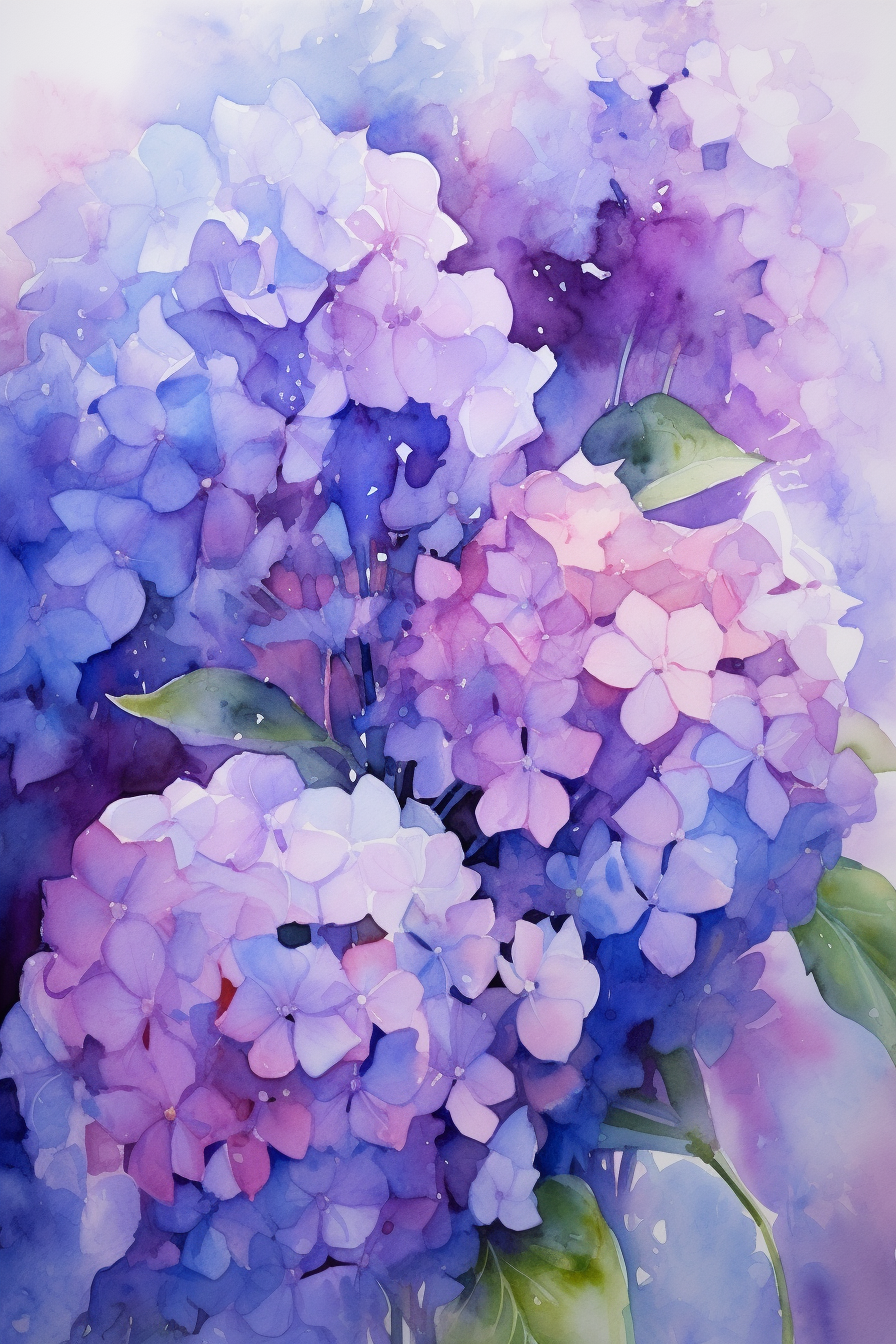 A watercolor painting of purple and blue flowers.