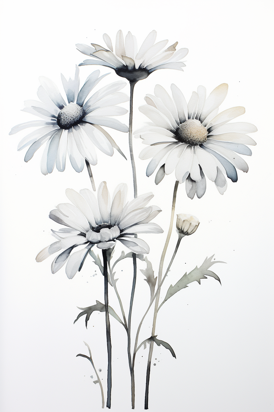 A painting of white daisies on a white background.