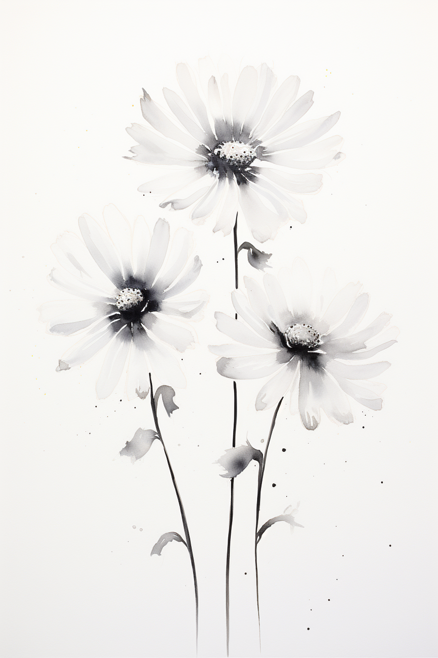 Three black and white flowers on a white background.