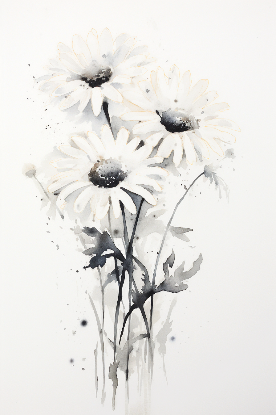 A painting of white daisies on a white background.