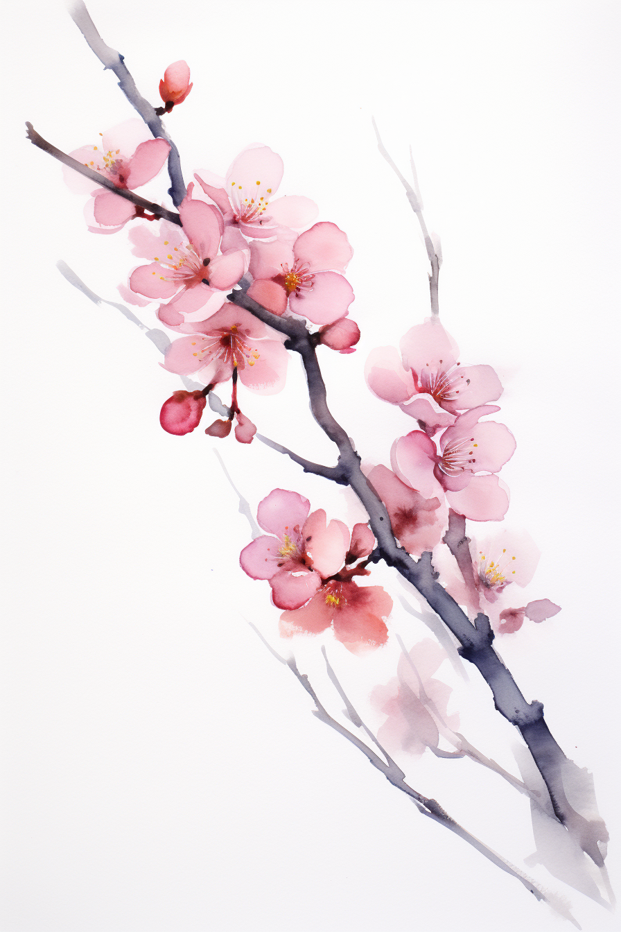 A watercolor painting of cherry blossoms on a branch.