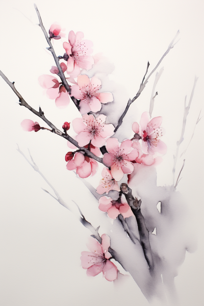 A painting of a branch with pink blossoms.