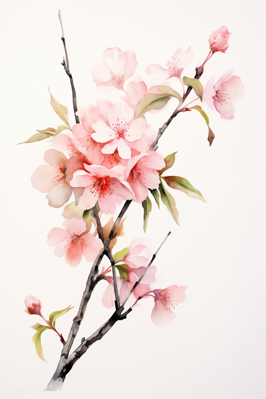 A watercolor painting of cherry blossoms on a branch.