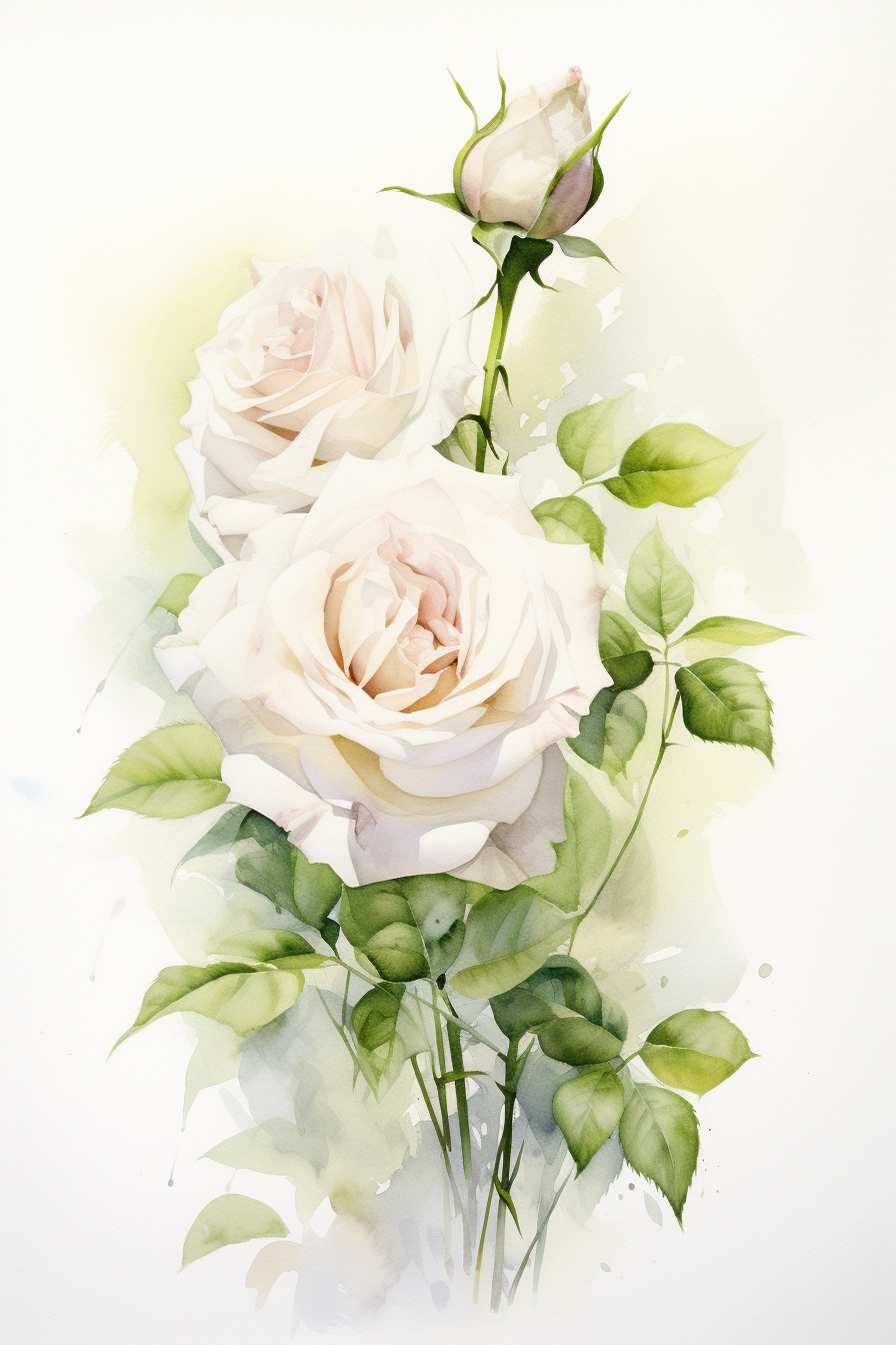 A watercolor painting of white roses on a white background.