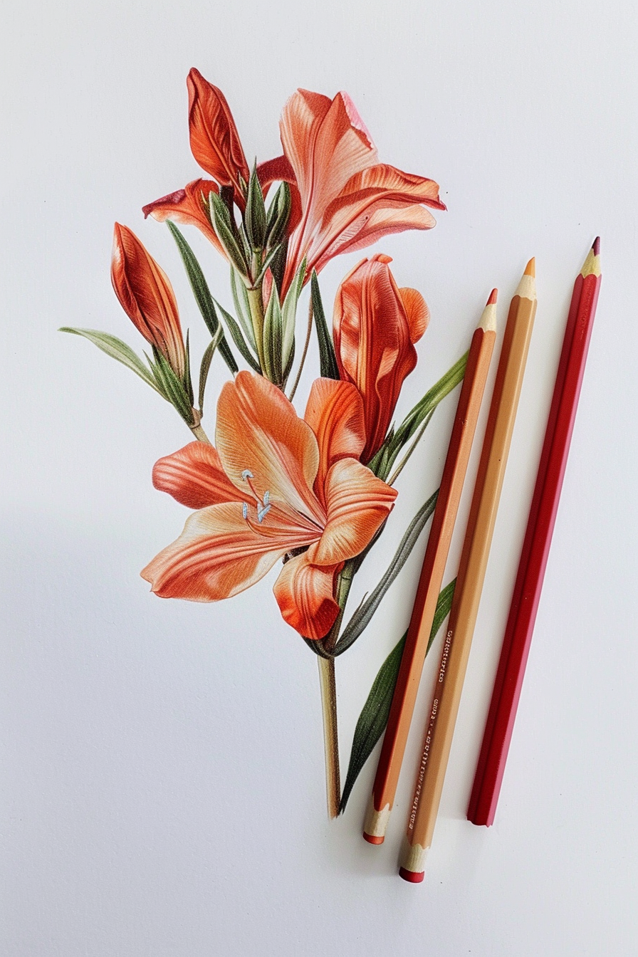 A drawing of orange lilies next to a set of colored pencils.