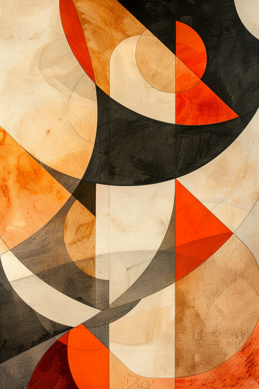 An abstract painting with orange, black, and white shapes.