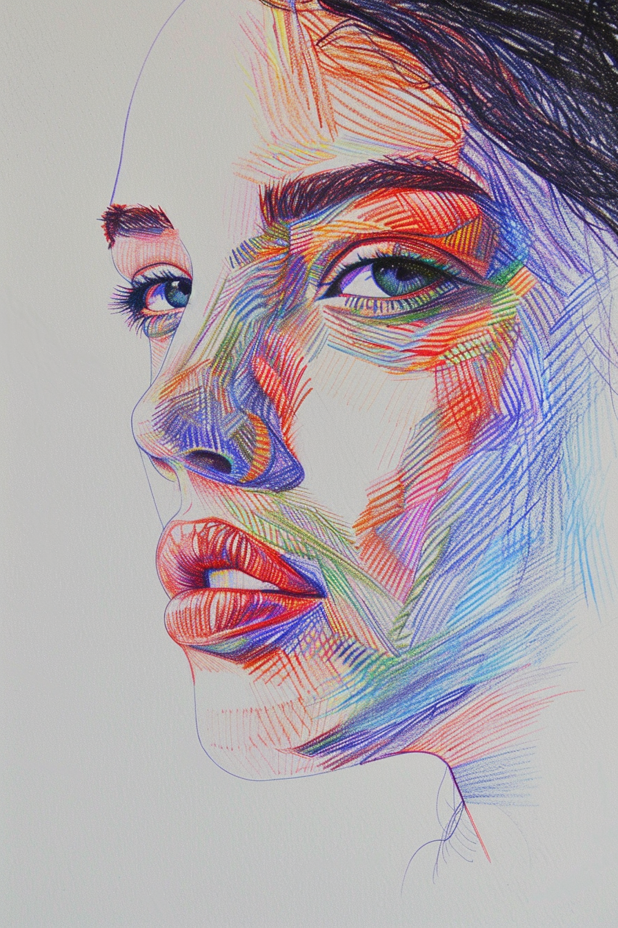 A colorful drawing of a woman's face.