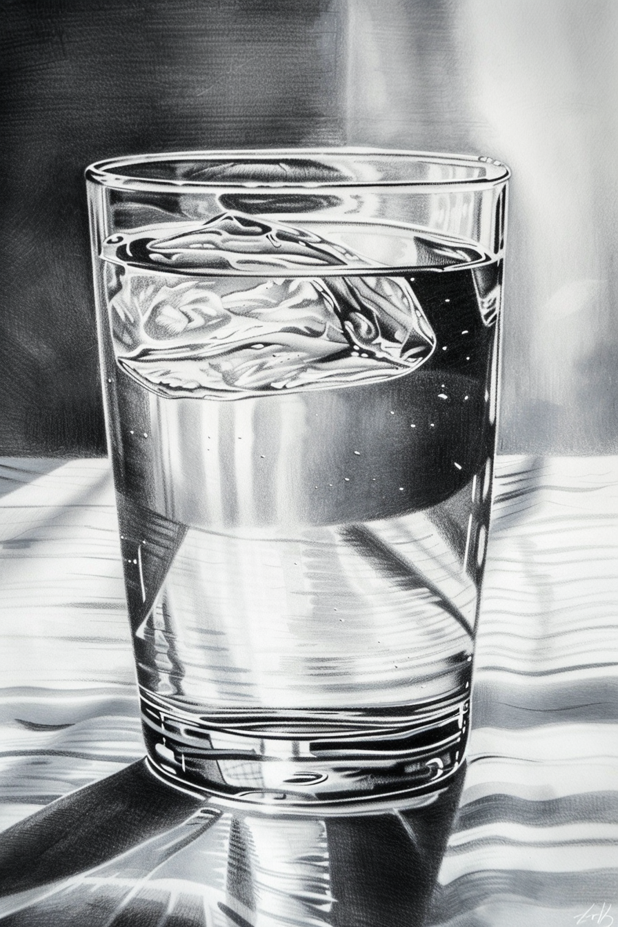 A black and white drawing of a glass of water.