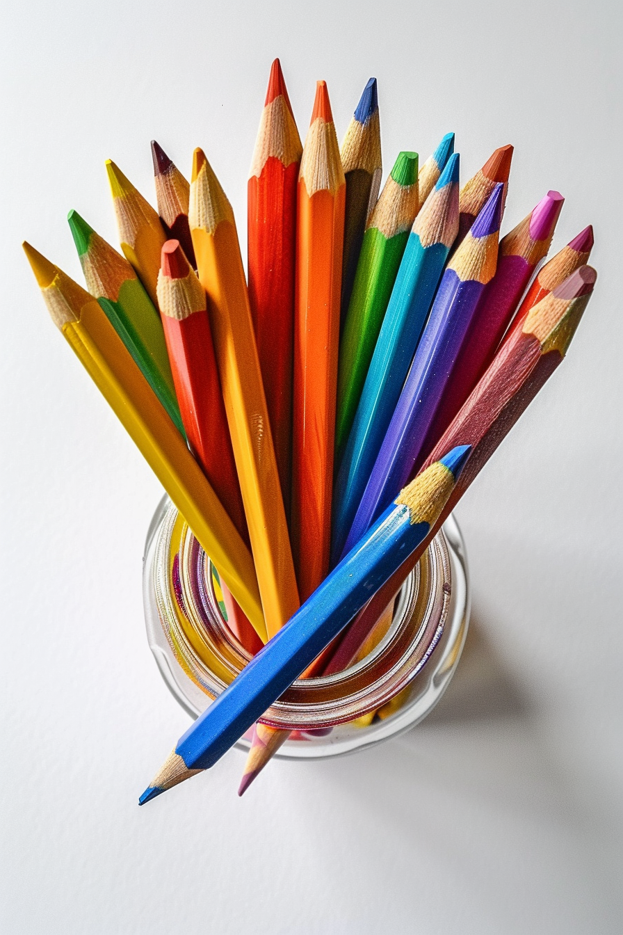 A group of colored pencils in a glass bowl.