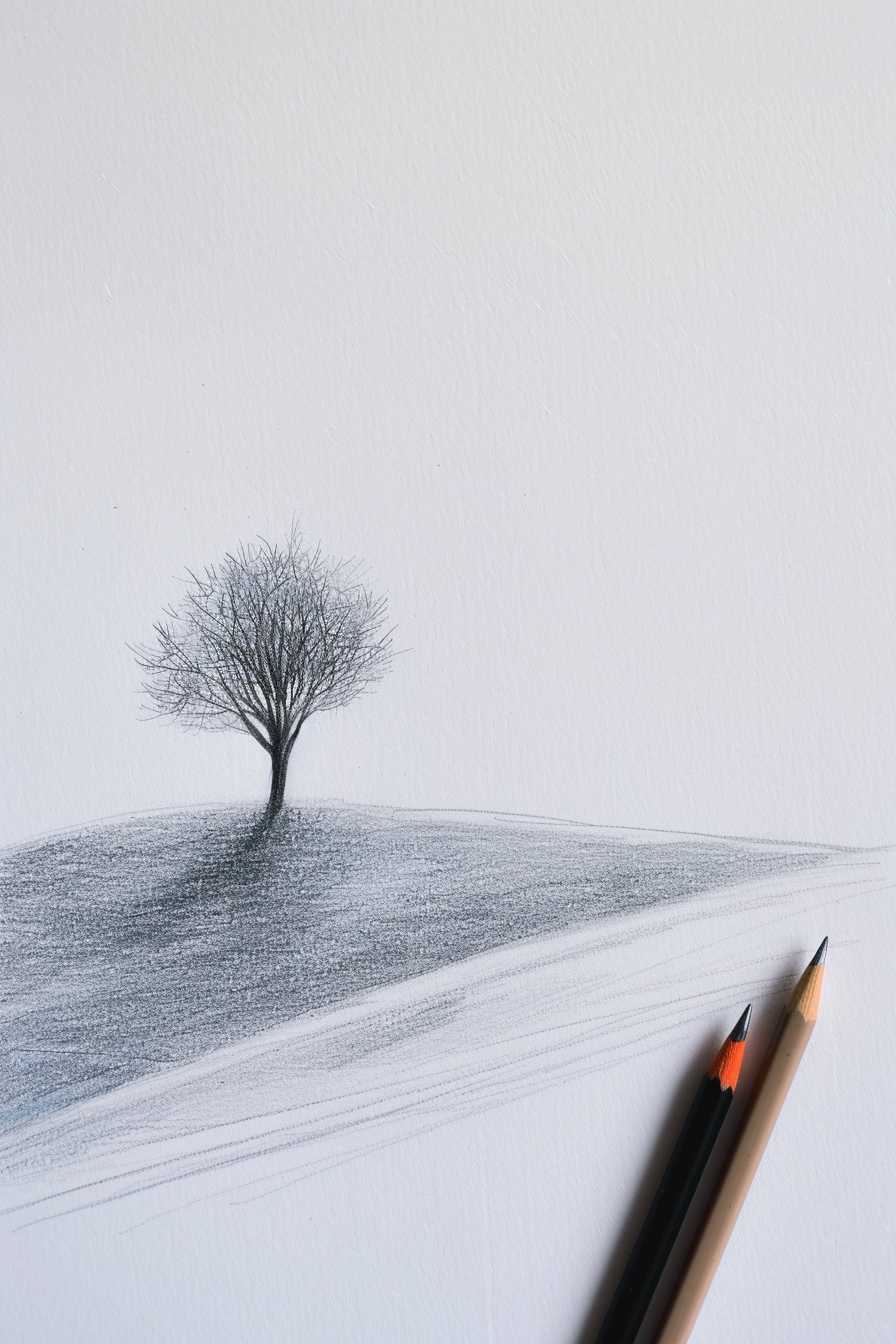 A pencil drawing of a tree in the snow.