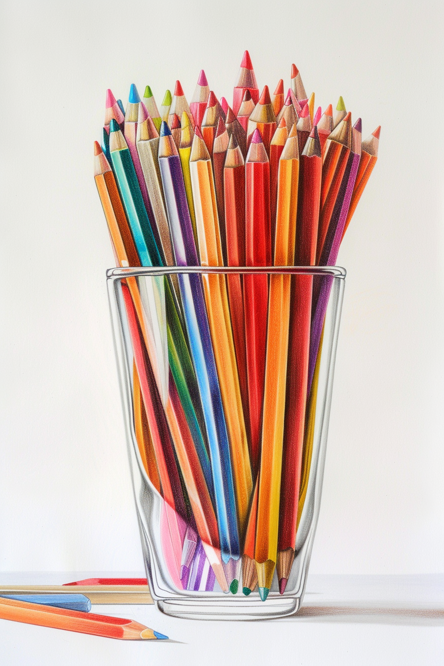 Colorful pencils in a glass vase.
