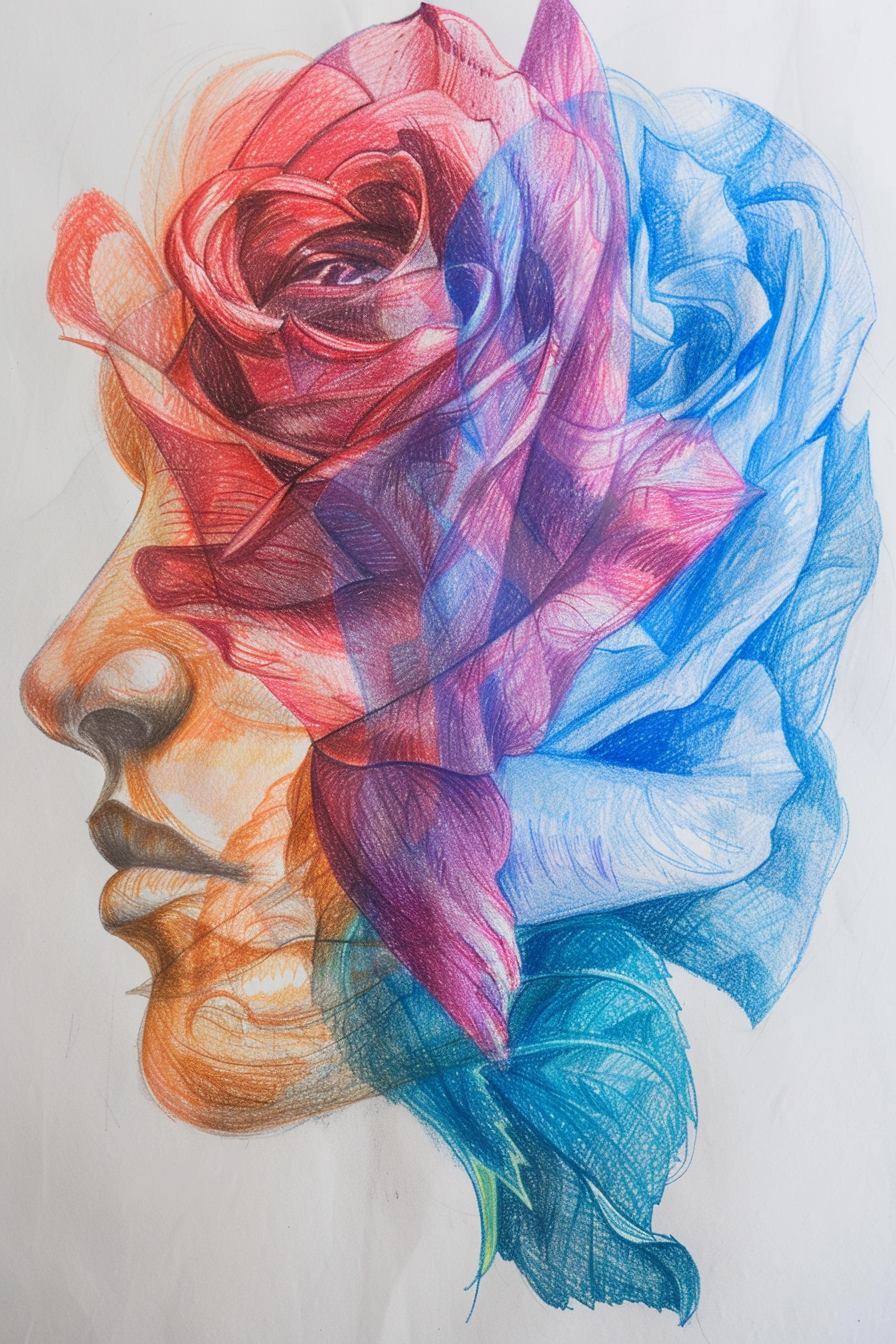 A drawing of a woman's face with roses on it.