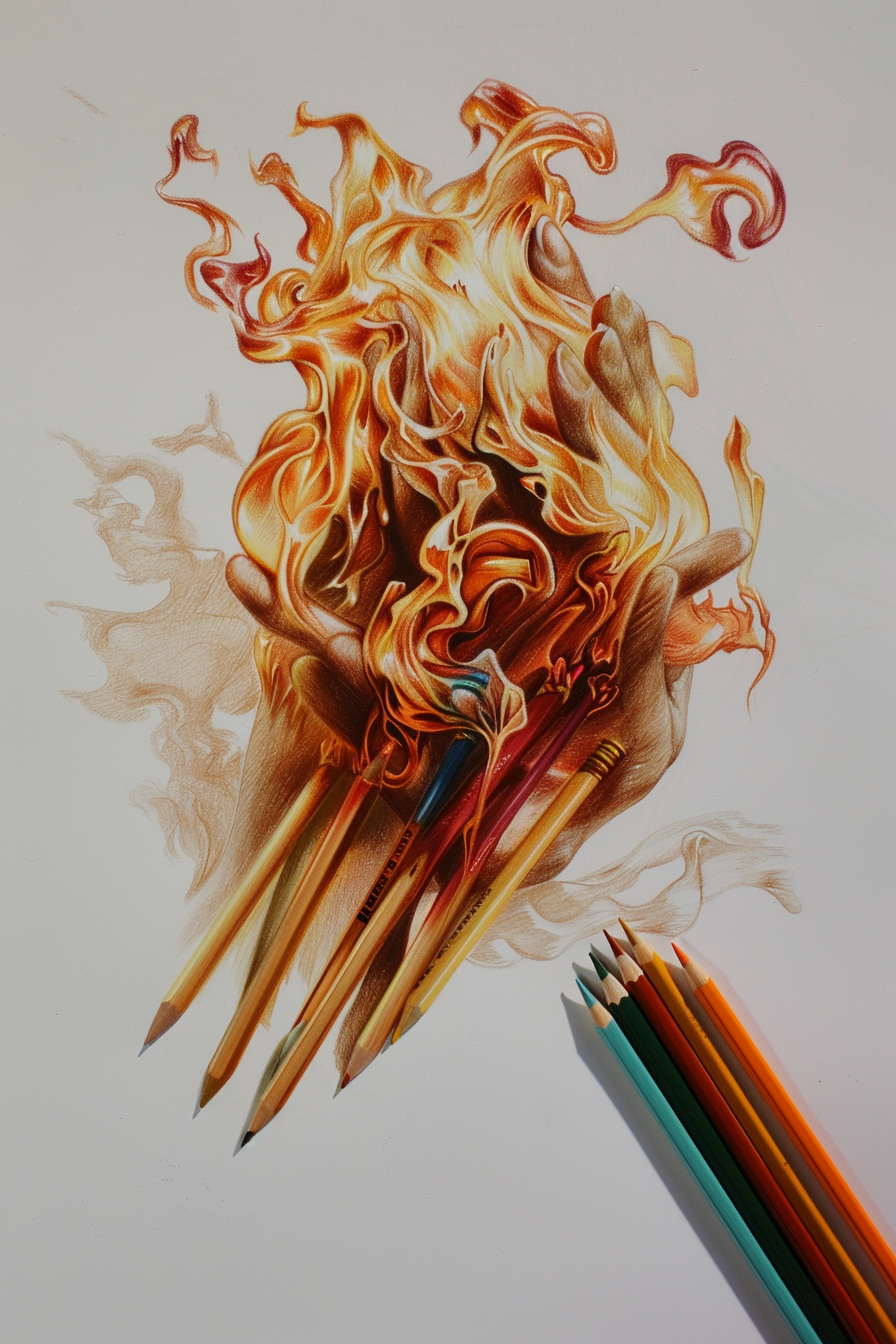 A drawing of a fire with colored pencils.
