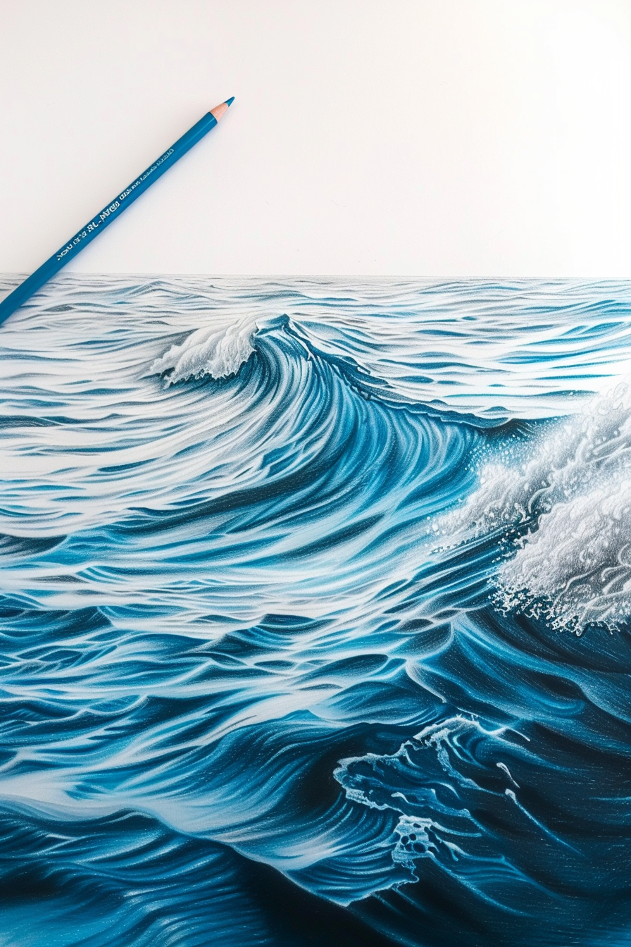 A drawing of a blue ocean with a pencil next to it.