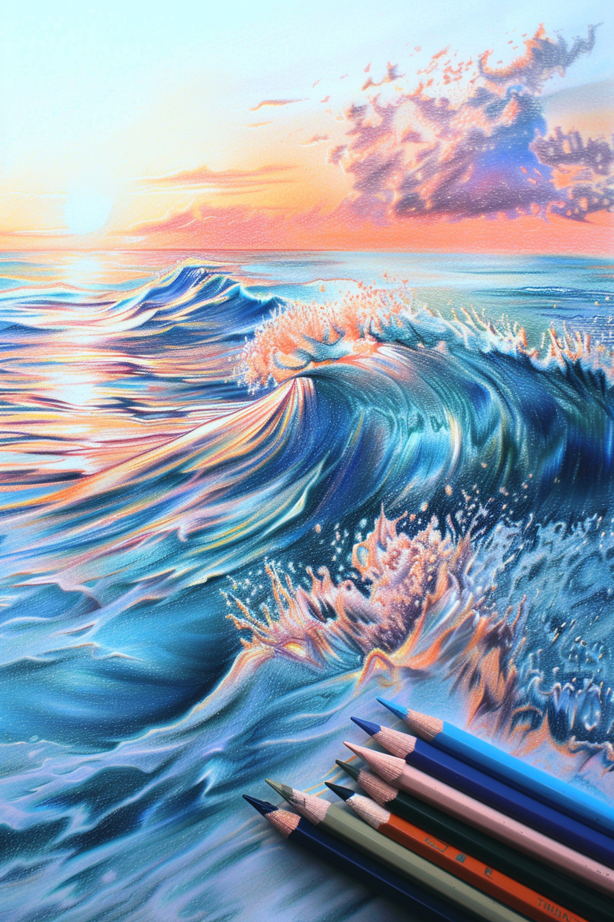 A painting of the ocean with colored pencils.