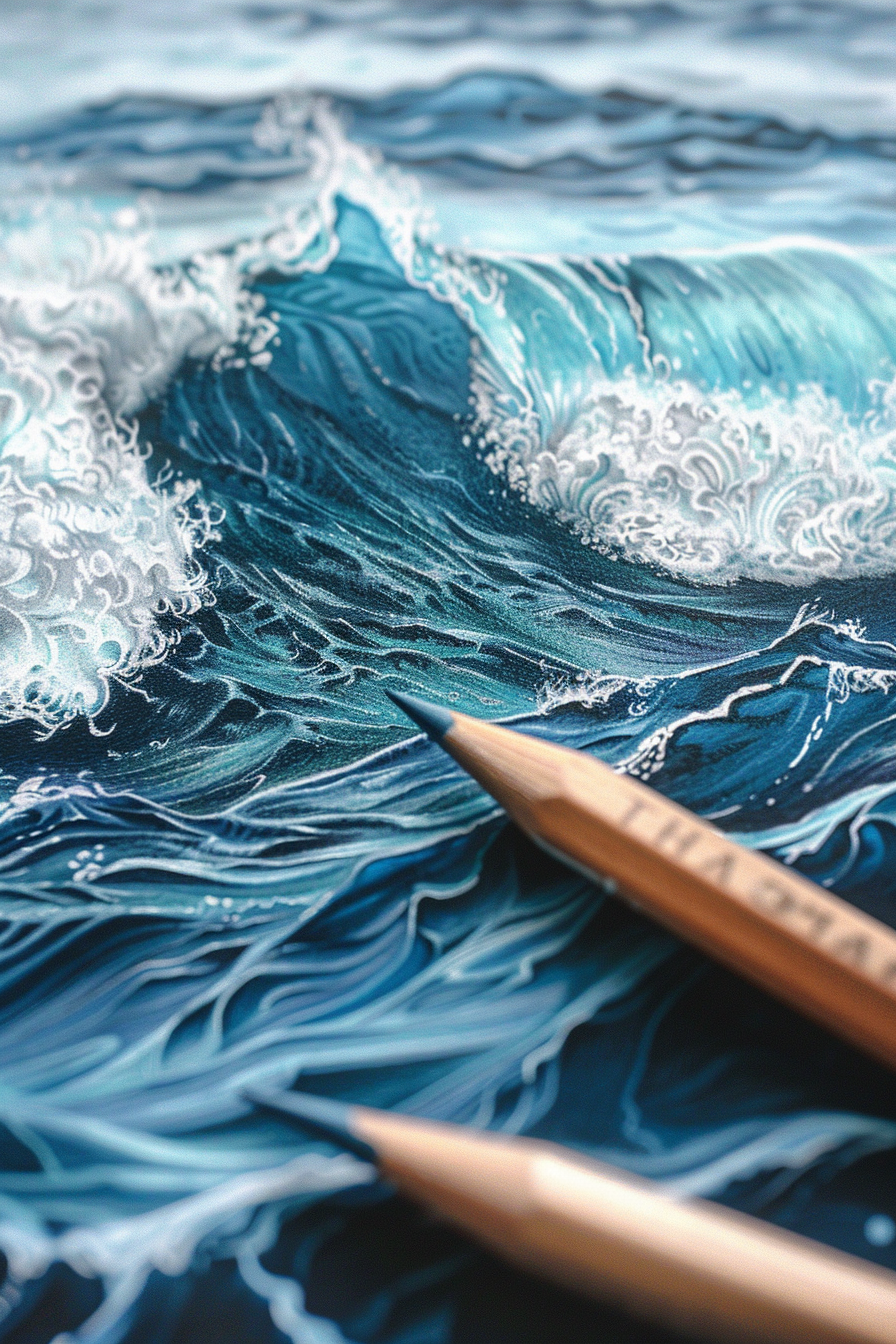A drawing of a wave with pencils on top of it.