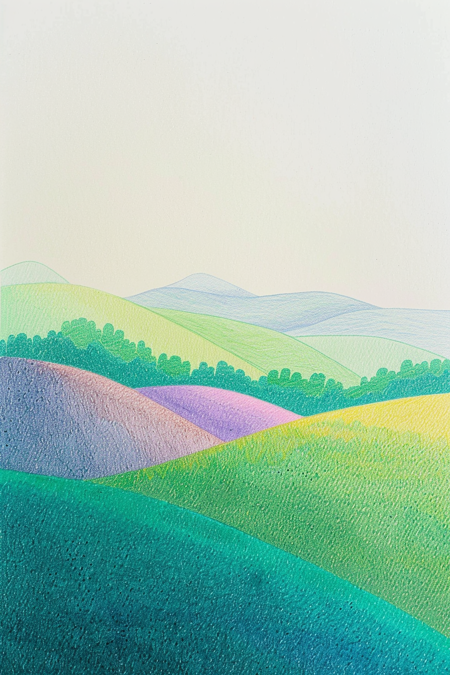A watercolor painting of a green and purple landscape.