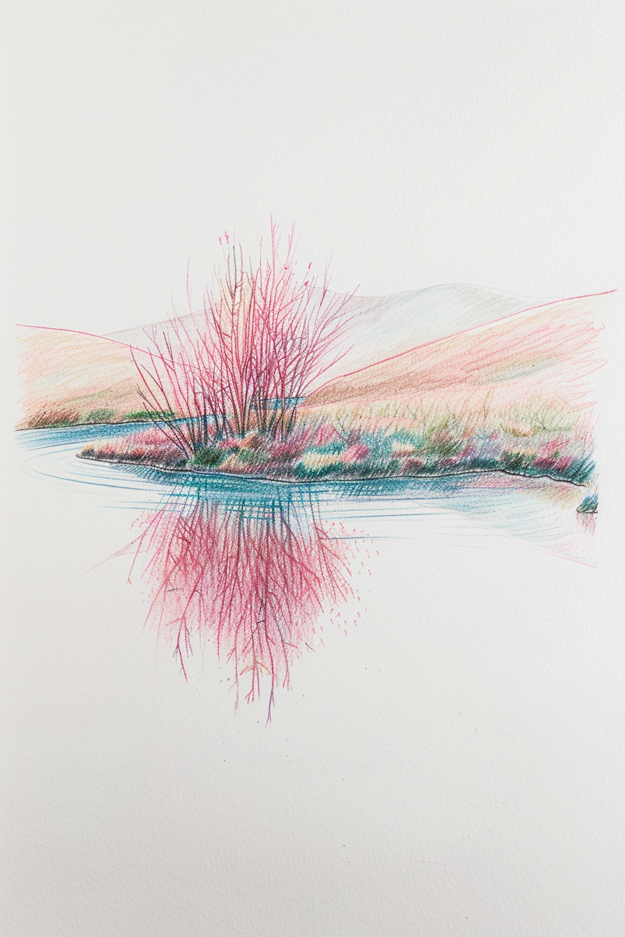 A drawing of a pink flower in the water.