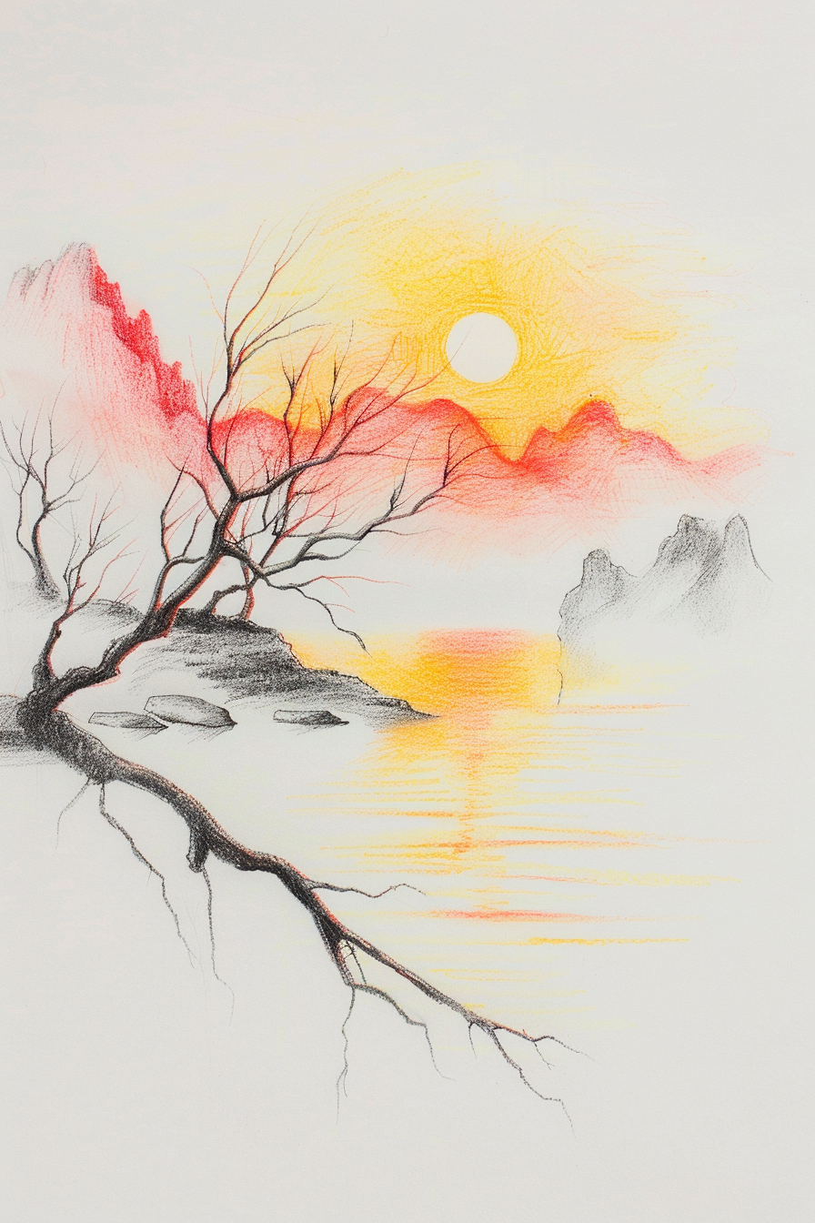 A drawing of a tree with a sunset in the background.