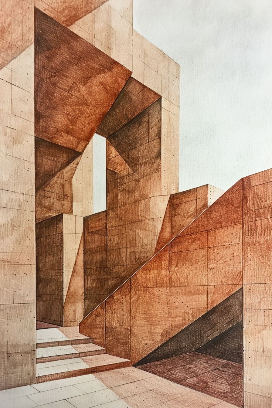 A pencil drawing of a building with stairs.