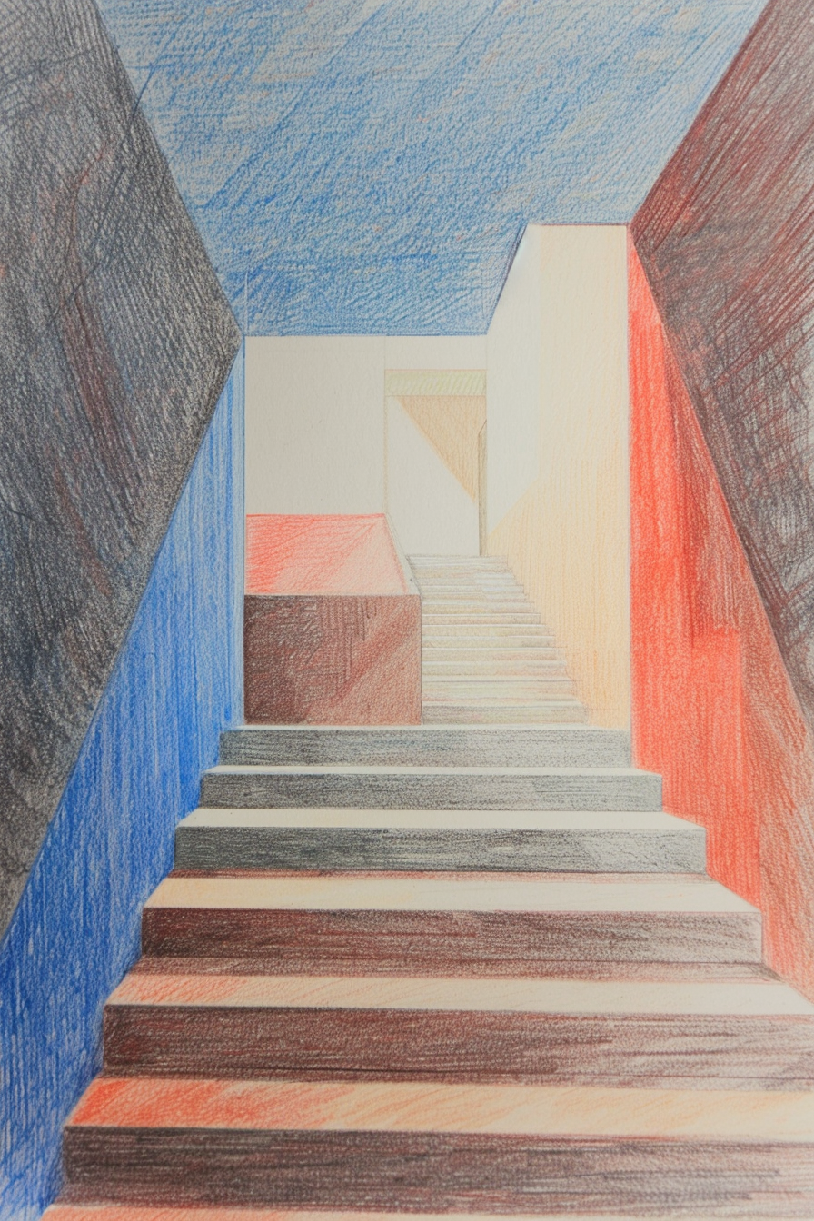 A drawing of a staircase with red, blue, and yellow colors.
