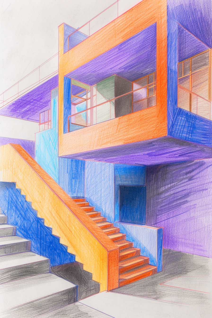 A drawing of a building with stairs and stairs.