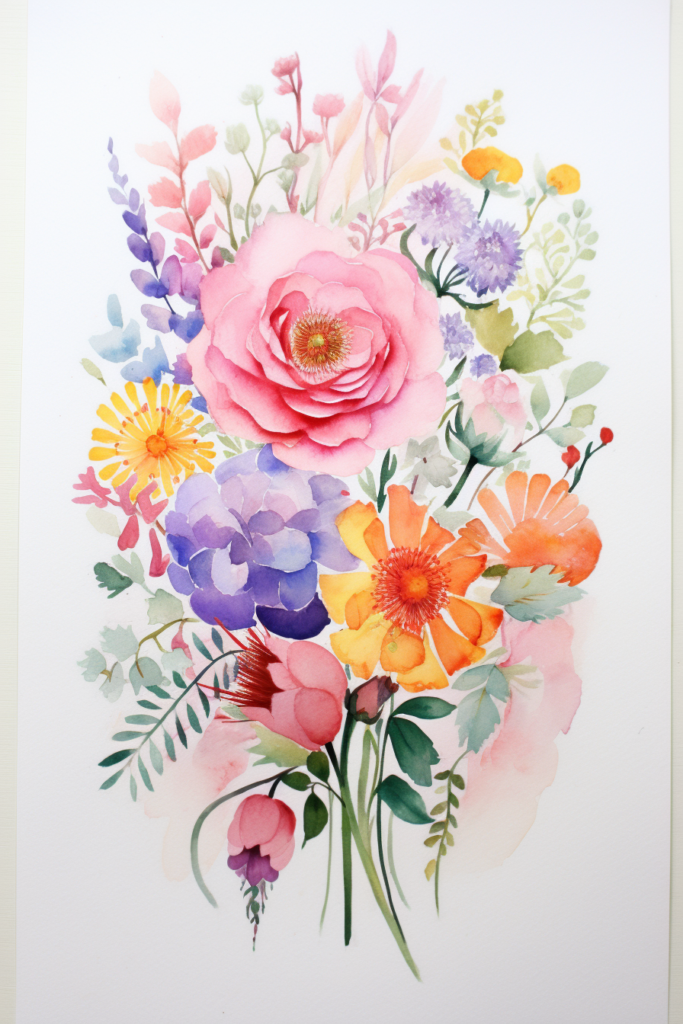 A watercolor painting of a bouquet of flowers.