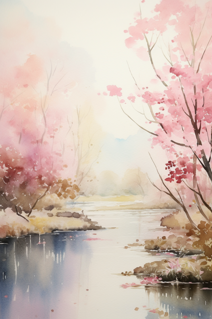 A watercolor painting of a river with pink trees.